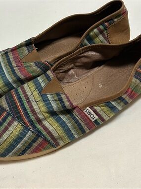 TOMS Multicolor Plaid Canvas Slip-Ons with Brown Trim